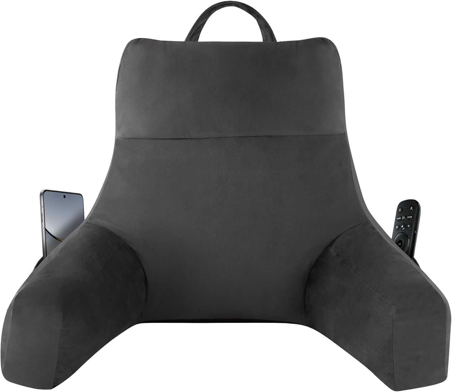 Fahymas 18-Inch Shredded Memory Foam Reading Pillow with Arms, Velvet Bed Rest Back Support Pillow with Side Pocket
