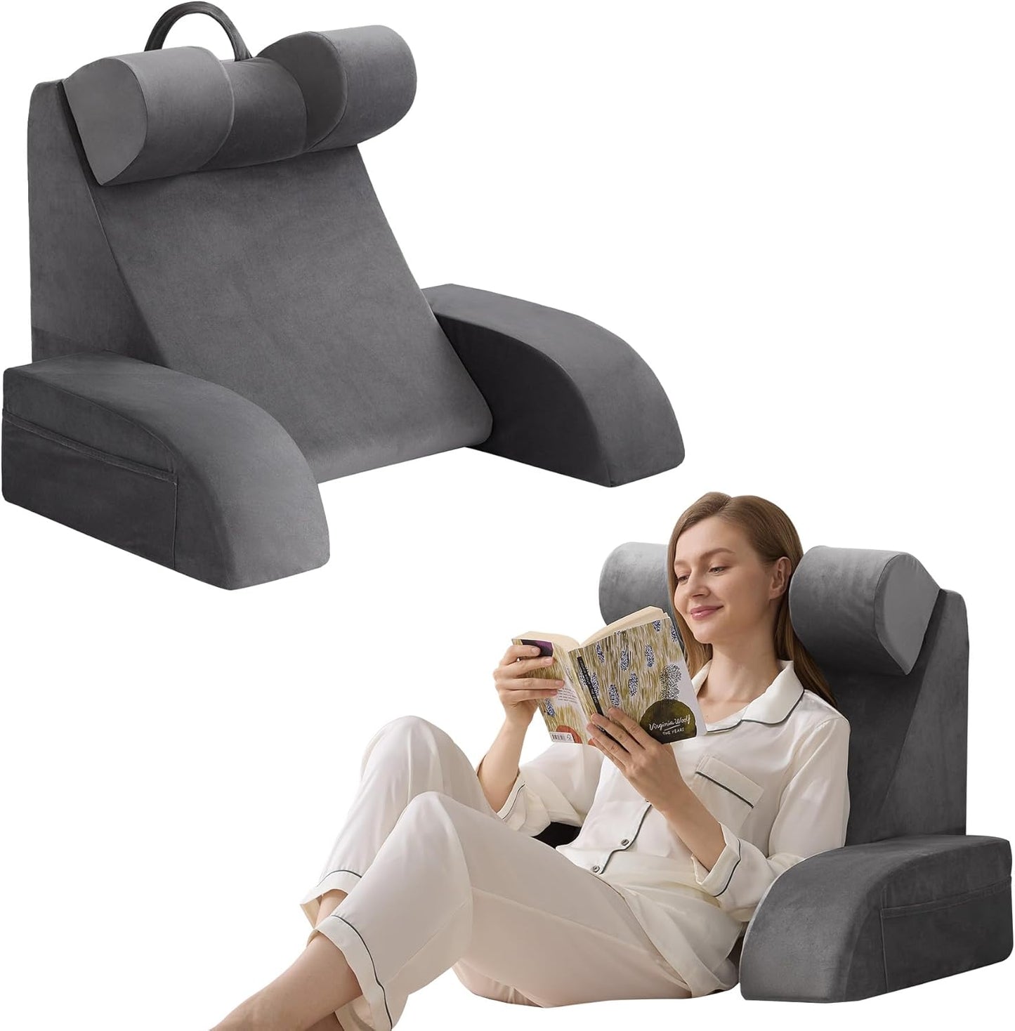 Fahymas Medium Foam Reading Pillow with Detachable Arms and Headrest, Bed Rest Back Support Pillow with Side Pockets