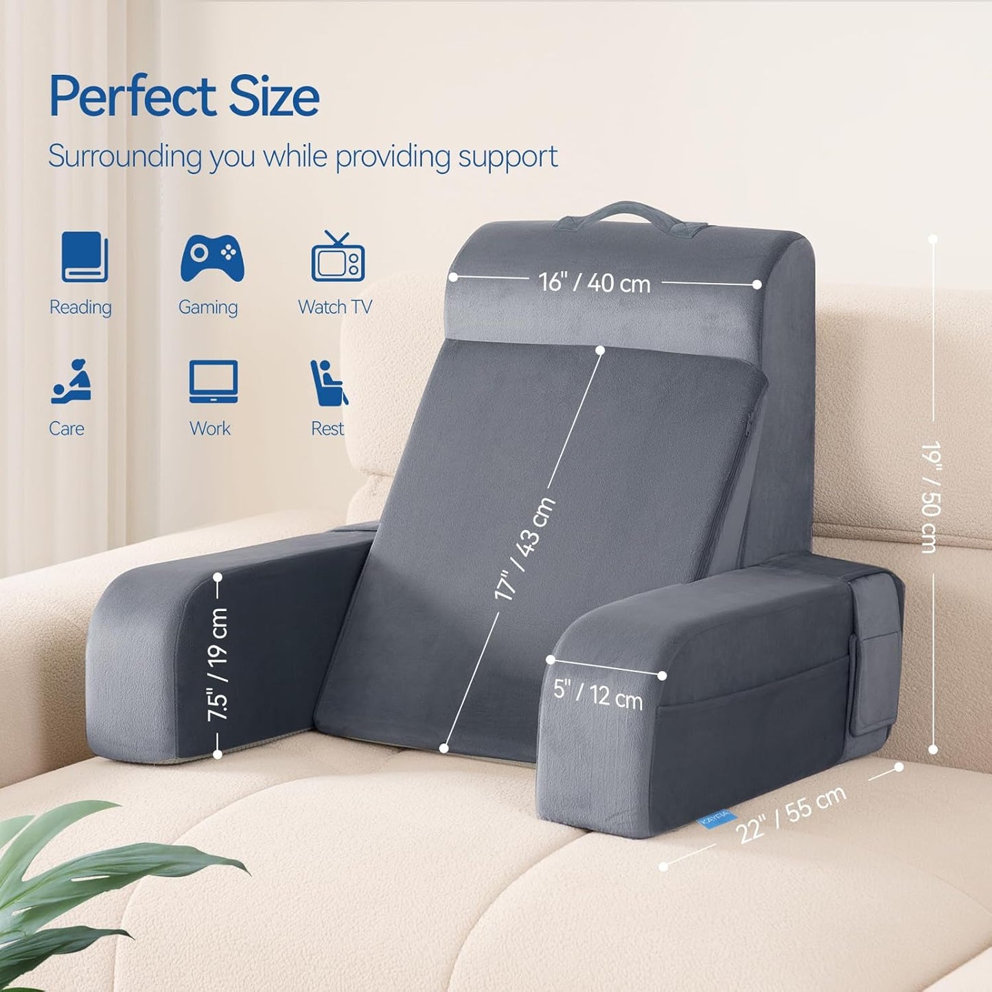 Fahymas Adjustable Reading Pillow with Convertible Backrest, Memory Foam Bed Rest Pillow with Removable Arms and Side Pockets