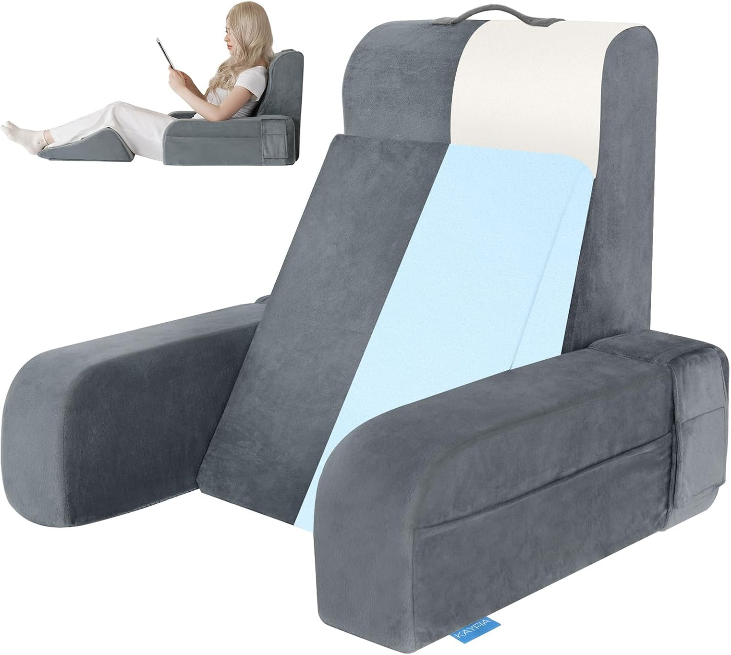 Fahymas Adjustable Reading Pillow with Convertible Backrest, Memory Foam Bed Rest Pillow with Removable Arms and Side Pockets