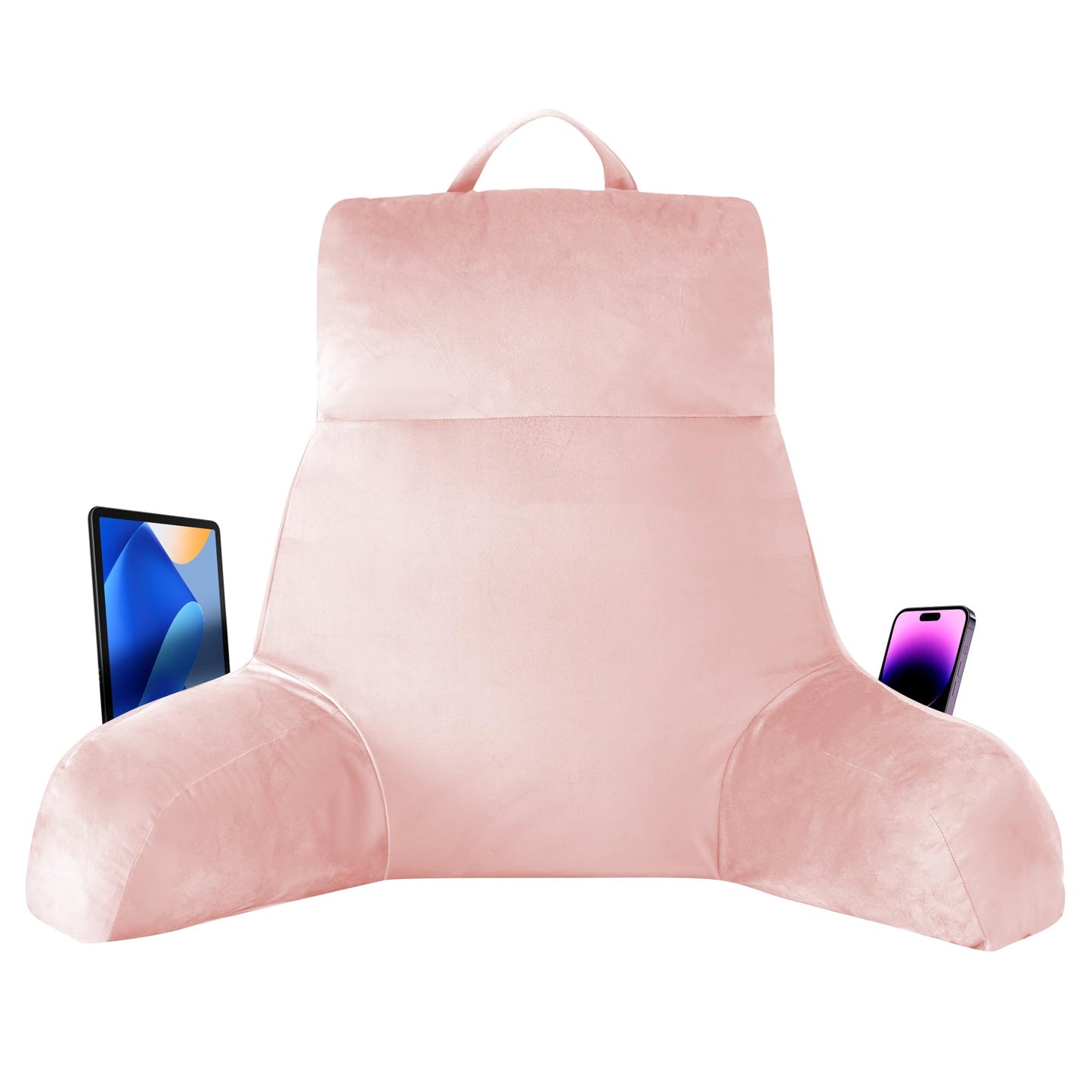 Fahymas 18-Inch Shredded Memory Foam Reading Pillow with Arms, Velvet Bed Rest Back Support Pillow with Side Pocket