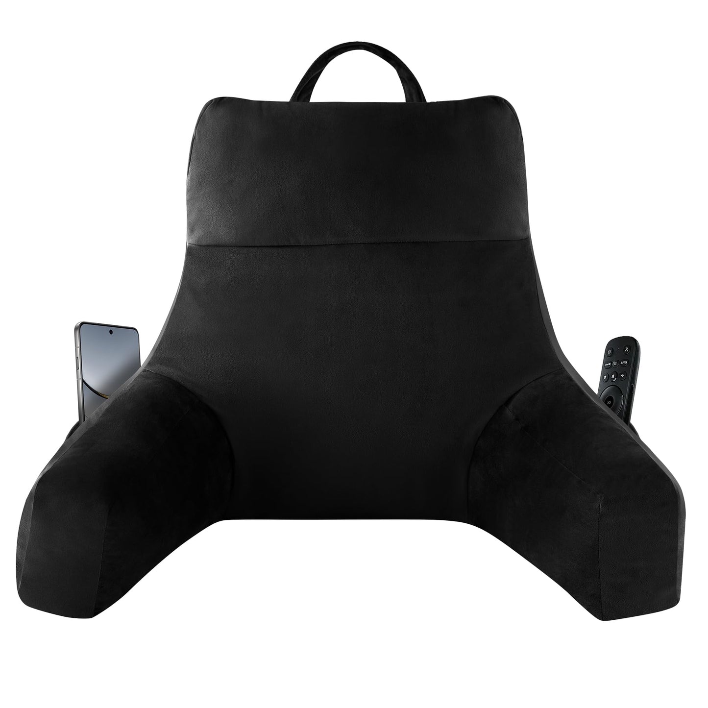 Fahymas 18-Inch Shredded Memory Foam Reading Pillow with Arms, Velvet Bed Rest Back Support Pillow with Side Pocket