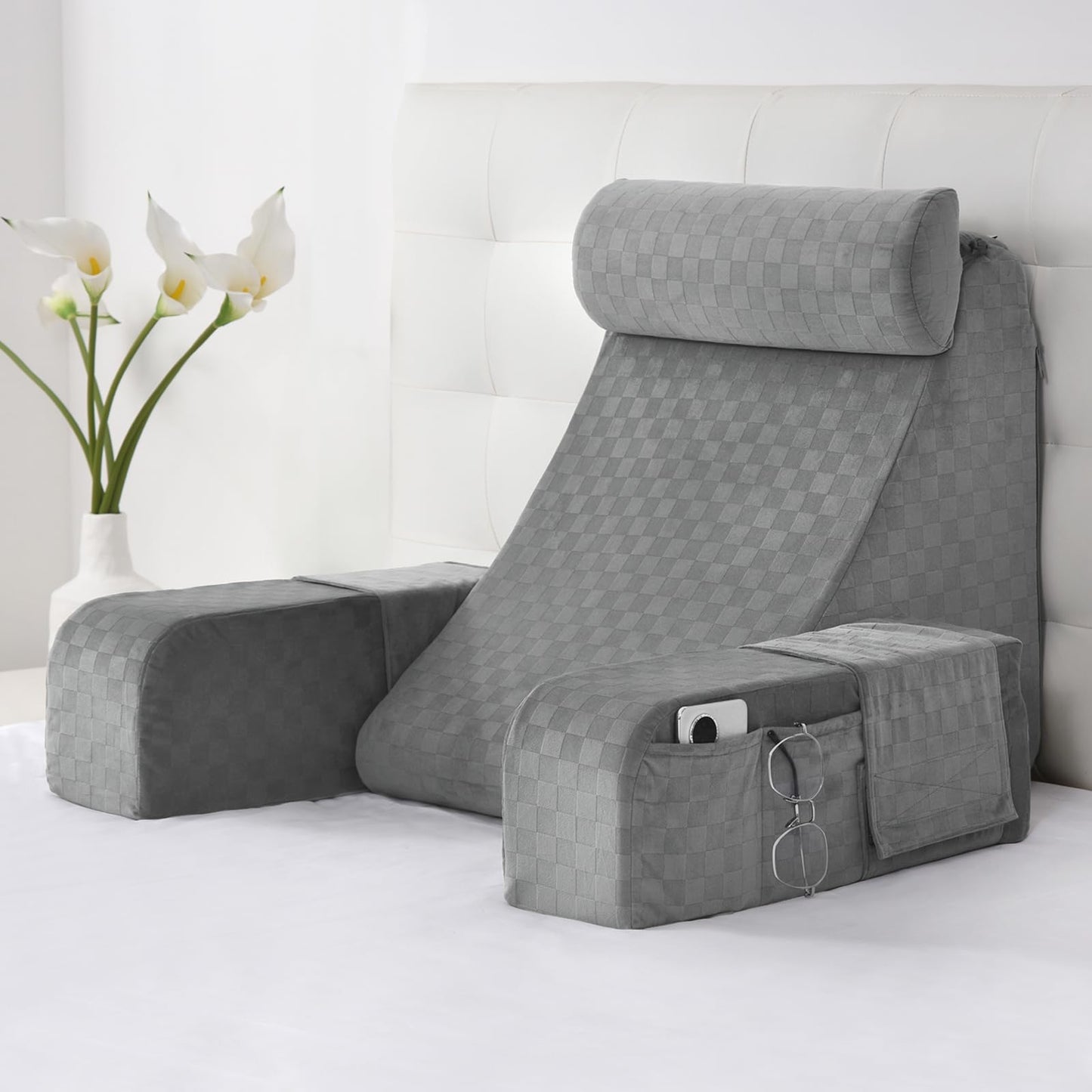 Fahymas 19-Inch Wedge Reading Pillow with Removable Arms, Bed Rest Back Support Pillow with Side Pockets