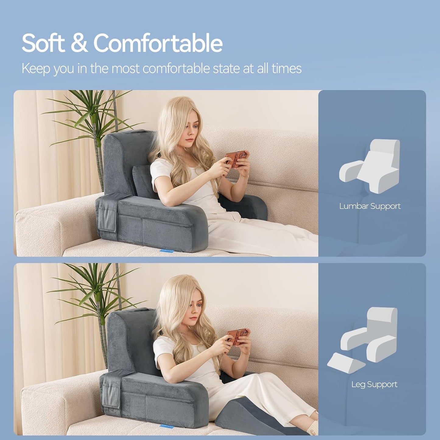 Fahymas Adjustable Reading Pillow with Convertible Backrest, Memory Foam Bed Rest Pillow with Removable Arms and Side Pockets