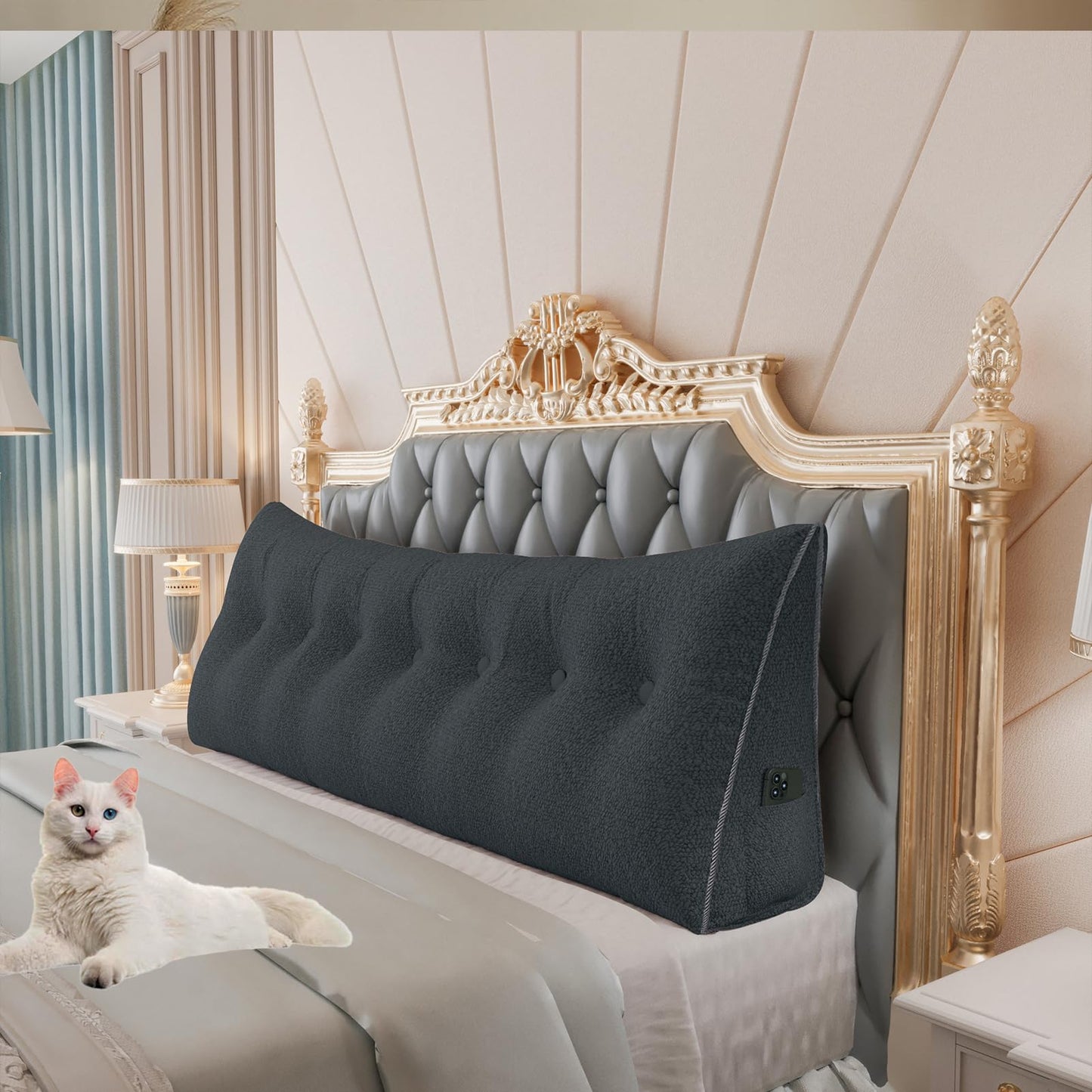Fahymas Queen Size Wedge Headboard Pillow with Side Pockets, Velvet Back Support Reading Pillow with Removable Washable Cover