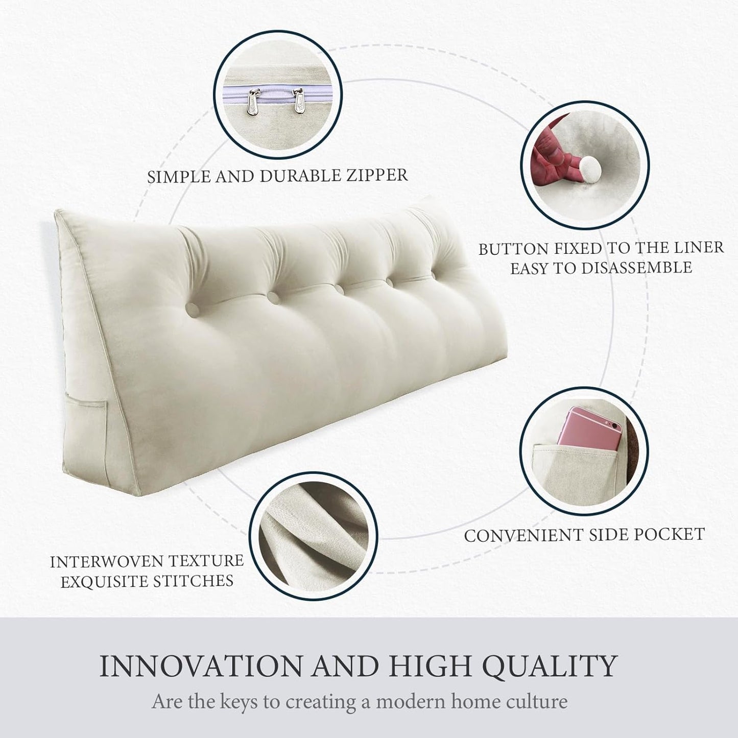 Fahymas Queen Size Wedge Headboard Pillow with Side Pockets, Velvet Back Support Reading Pillow with Removable Washable Cover