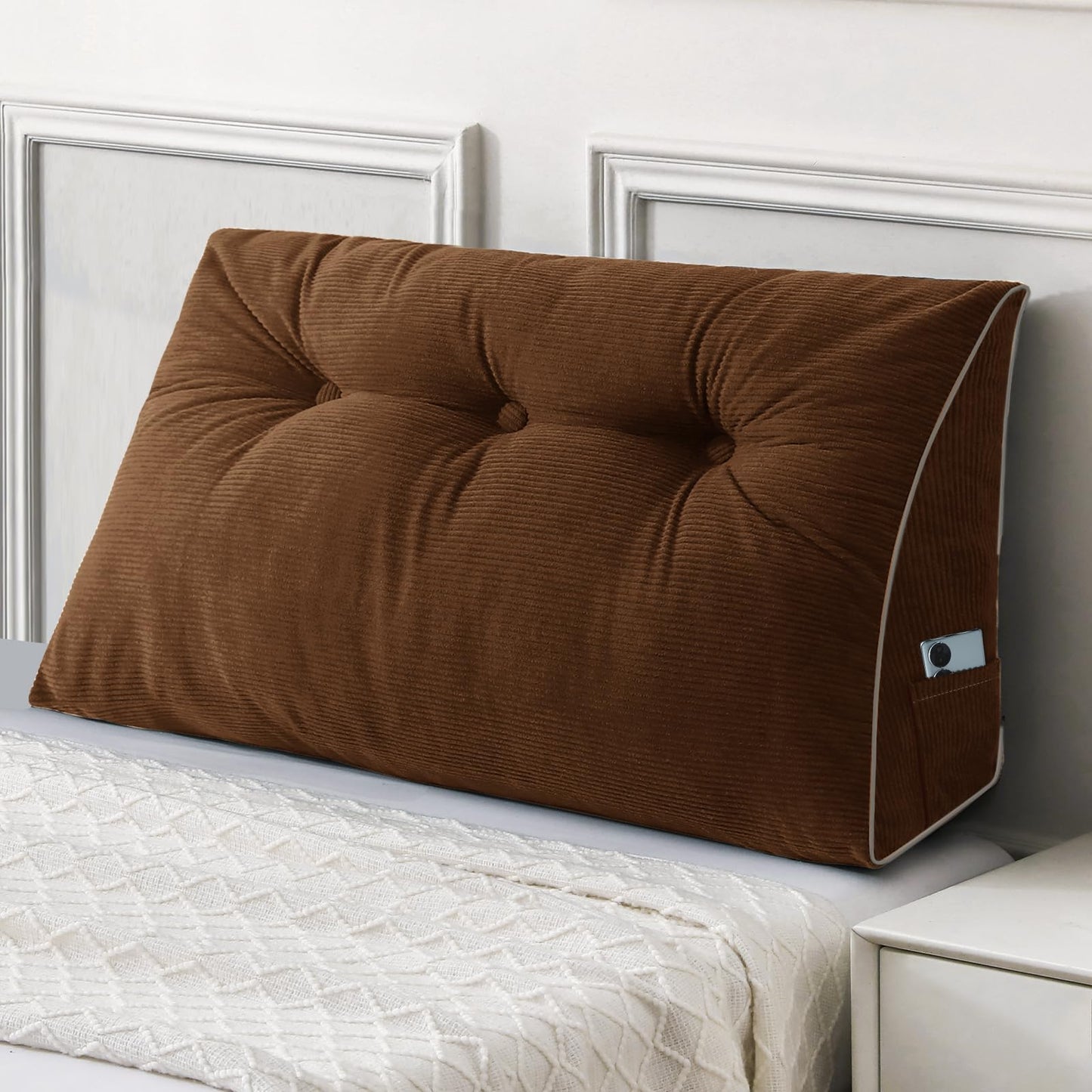 Fahymas Queen Size Wedge Headboard Pillow Set with 2 Bolster Pillows, Velvet Back Support Reading Pillow with Removable Washable Cover