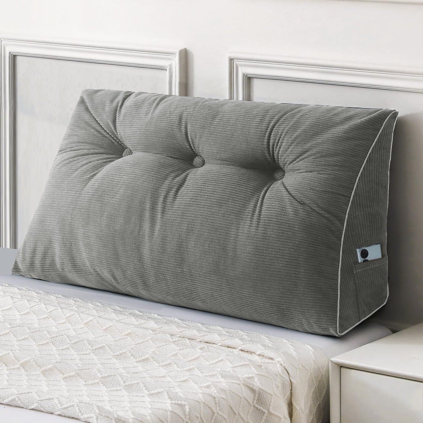 Fahymas Queen Size Wedge Headboard Pillow Set with 2 Bolster Pillows, Velvet Back Support Reading Pillow with Removable Washable Cover