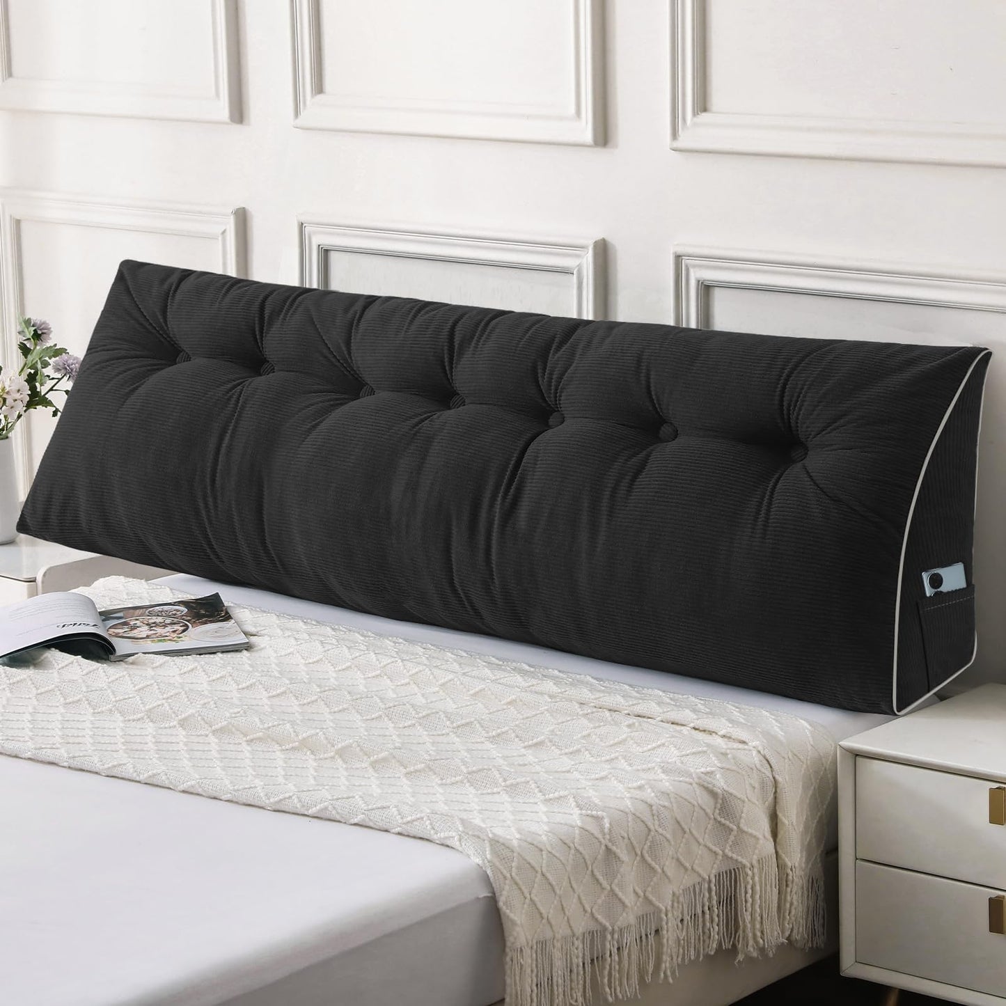 Fahymas Queen Size Wedge Headboard Pillow Set with 2 Bolster Pillows, Velvet Back Support Reading Pillow with Removable Washable Cover