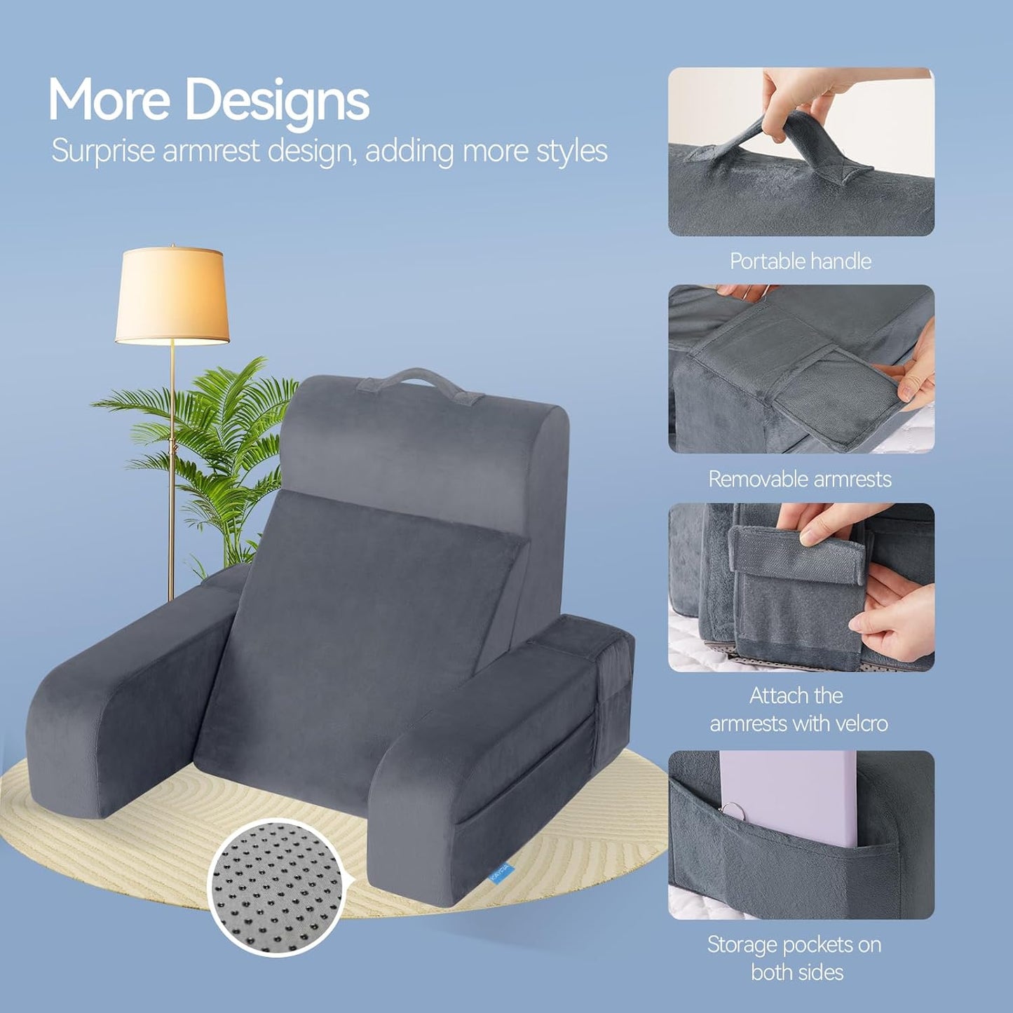 Fahymas Adjustable Reading Pillow with Convertible Backrest, Memory Foam Bed Rest Pillow with Removable Arms and Side Pockets