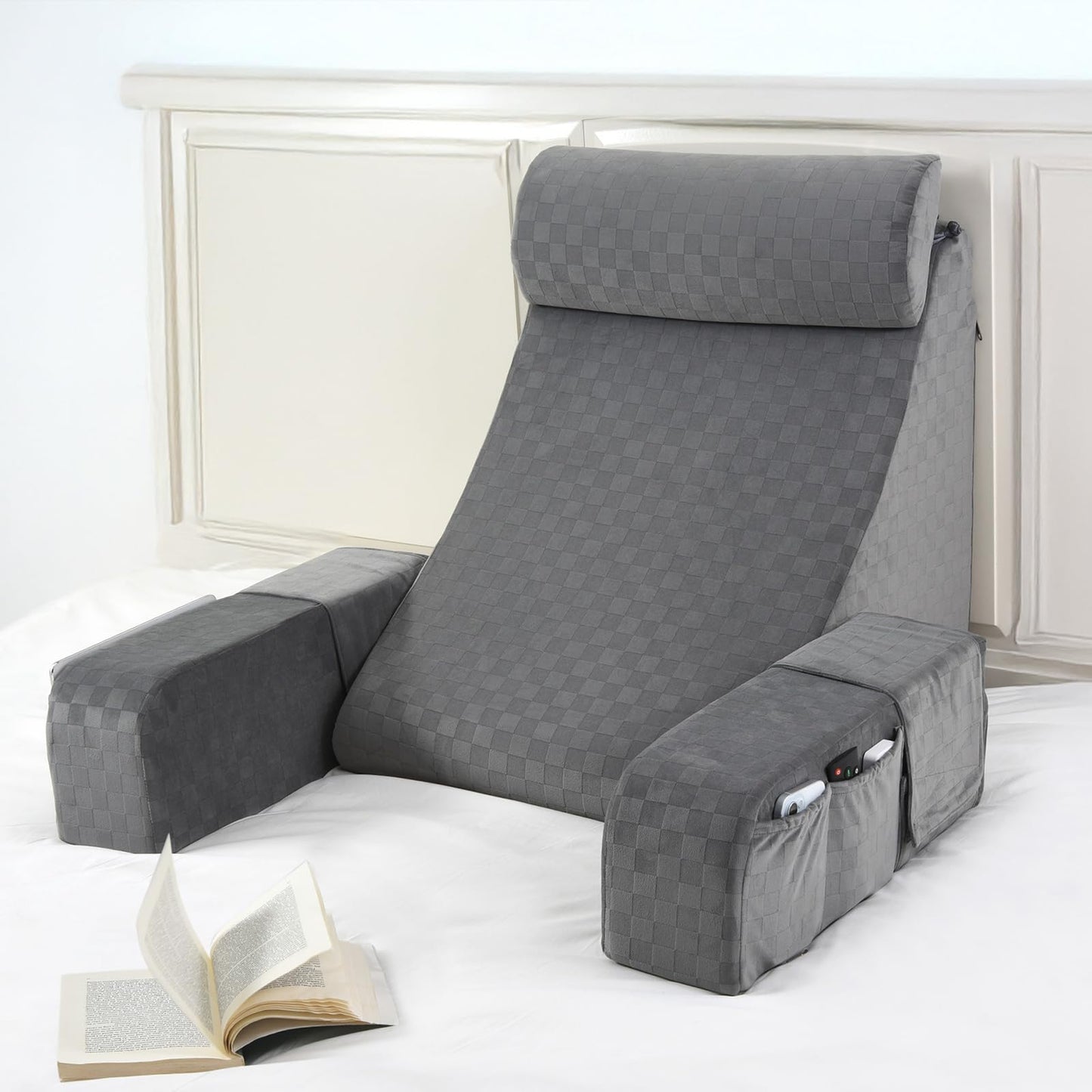 Fahymas 19-Inch Wedge Reading Pillow with Removable Arms, Bed Rest Back Support Pillow with Side Pockets