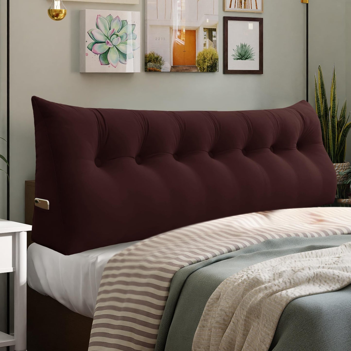 Fahymas Queen Size Wedge Headboard Pillow with Side Pockets, Velvet Back Support Reading Pillow with Removable Washable Cover