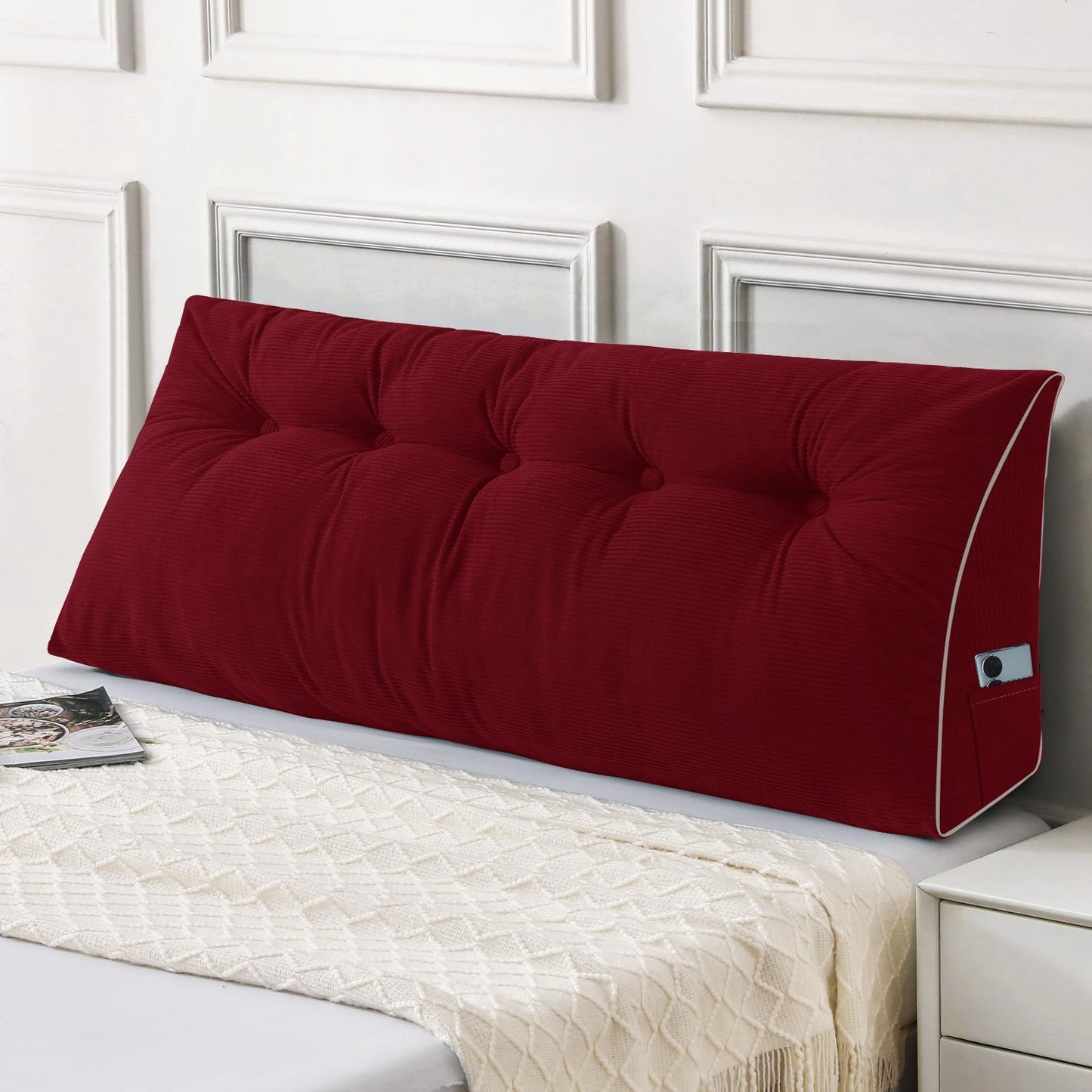 Fahymas Queen Size Wedge Headboard Pillow Set with 2 Bolster Pillows, Velvet Back Support Reading Pillow with Removable Washable Cover