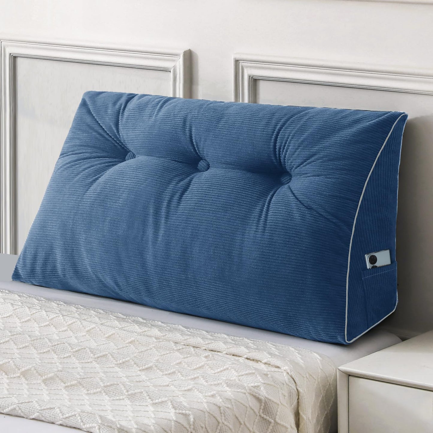 Fahymas Queen Size Wedge Headboard Pillow Set with 2 Bolster Pillows, Velvet Back Support Reading Pillow with Removable Washable Cover