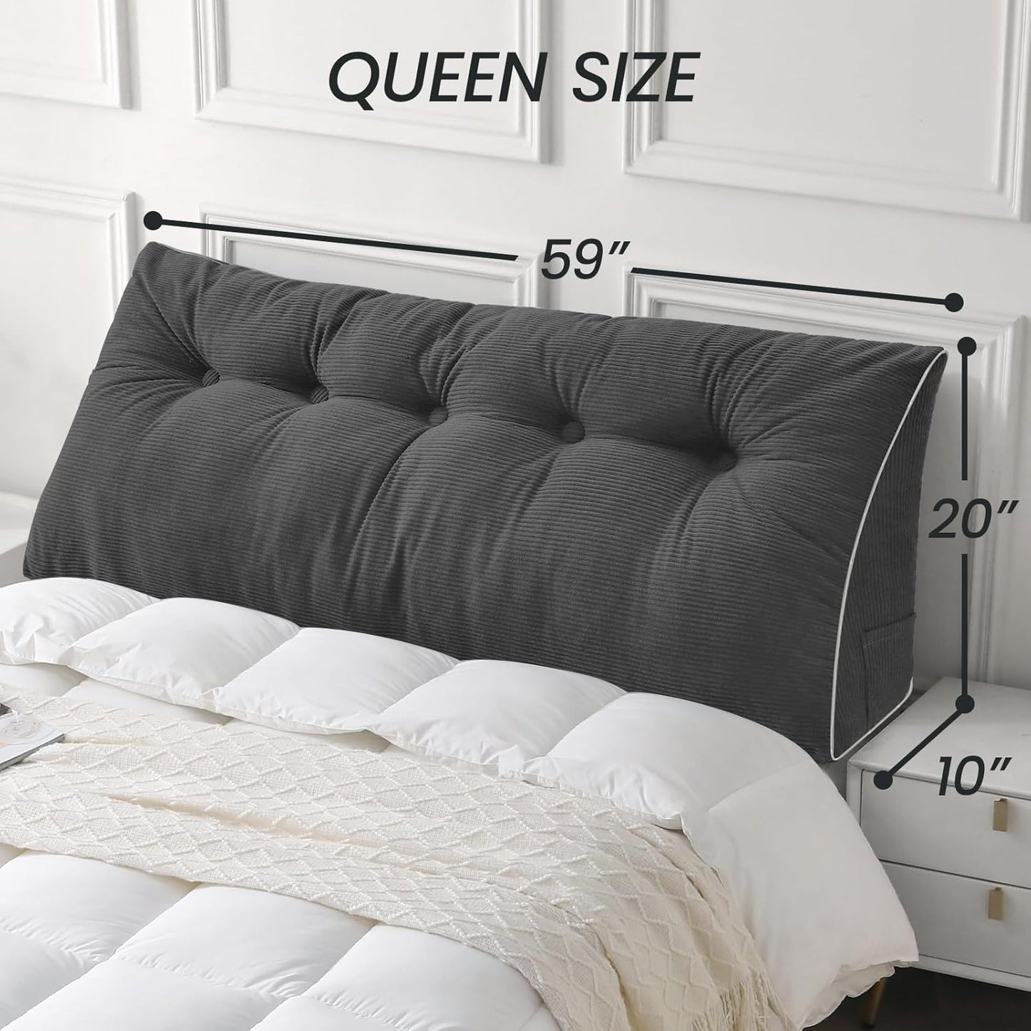 Fahymas Queen Size Wedge Headboard Pillow Set with 2 Bolster Pillows, Velvet Back Support Reading Pillow with Removable Washable Cover