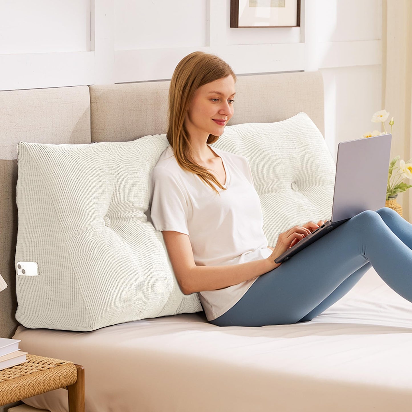 Fahymas Queen Size Wedge Headboard Pillow with Side Pockets, Tufted Back Support Reading Pillow with Removable Washable Cover