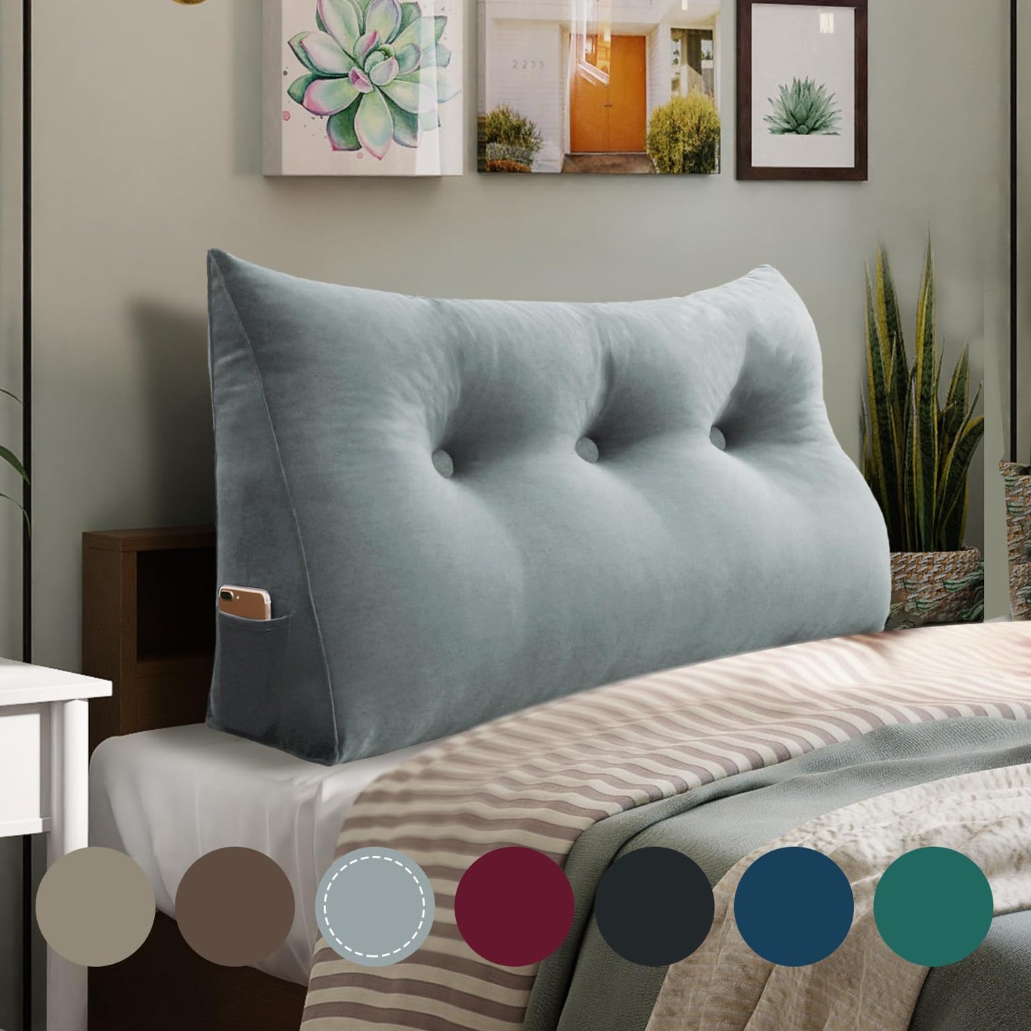 Fahymas Queen Size Wedge Headboard Pillow with Side Pockets, Velvet Back Support Reading Pillow with Removable Washable Cover
