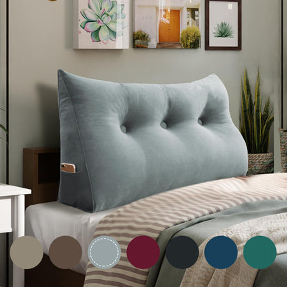 Fahymas Queen Size Wedge Headboard Pillow with Side Pockets, Velvet Back Support Reading Pillow with Removable Washable Cover