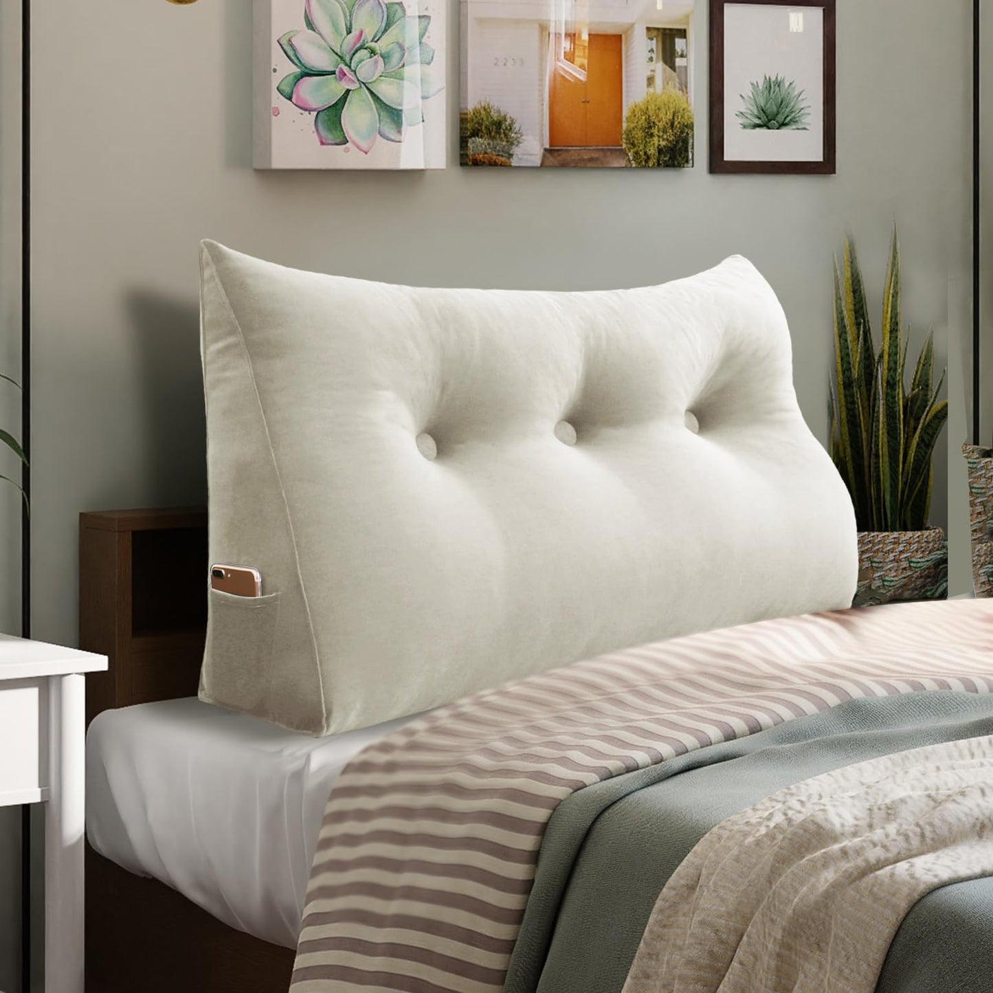 Fahymas Queen Size Wedge Headboard Pillow with Side Pockets, Velvet Back Support Reading Pillow with Removable Washable Cover