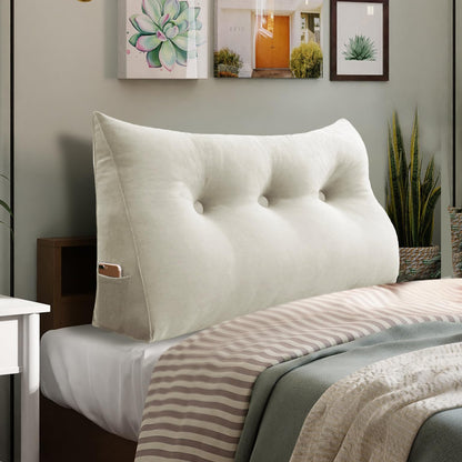 Fahymas Queen Size Wedge Headboard Pillow with Side Pockets, Velvet Back Support Reading Pillow with Removable Washable Cover