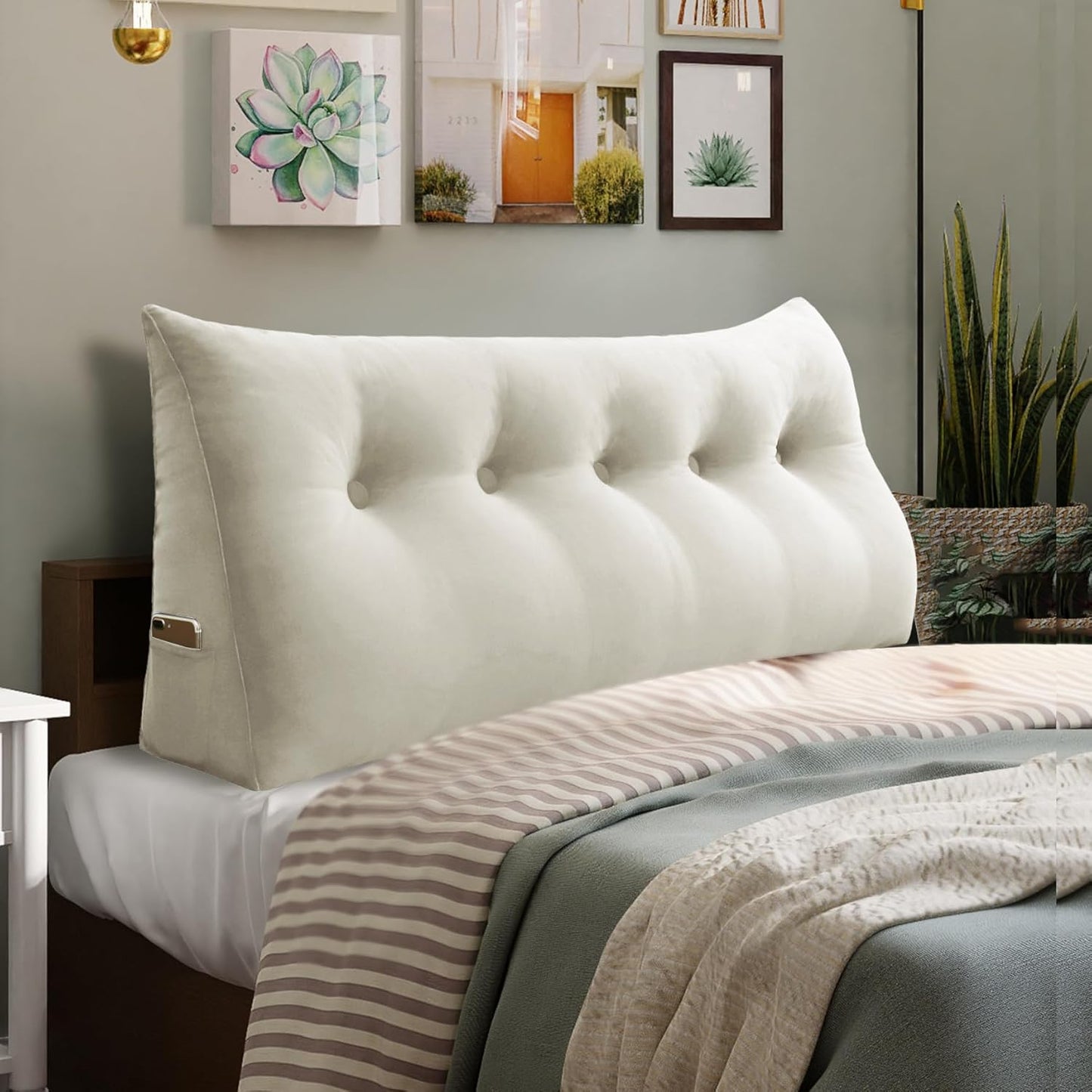 Fahymas Queen Size Wedge Headboard Pillow with Side Pockets, Velvet Back Support Reading Pillow with Removable Washable Cover