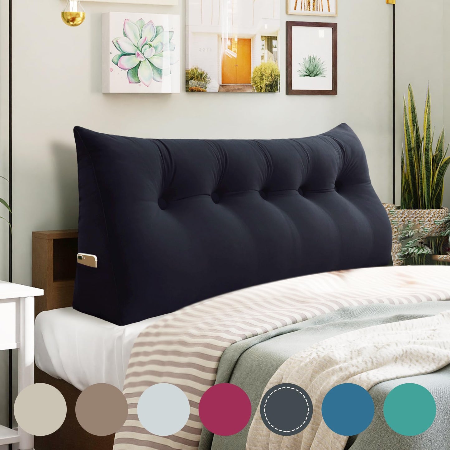 Fahymas Queen Size Wedge Headboard Pillow with Side Pockets, Velvet Back Support Reading Pillow with Removable Washable Cover