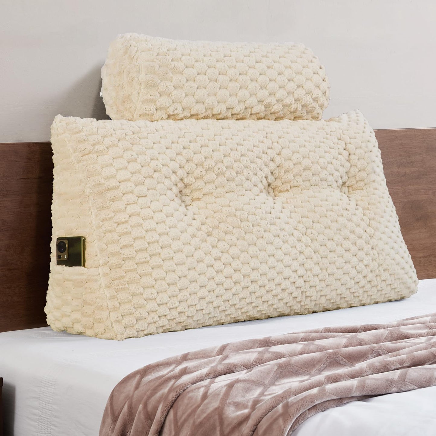 Fahymas Queen Size Wedge Headboard Pillow Set with 2 Roll Pillows, Velvet Back Support Reading Pillow with Removable Washable Cover