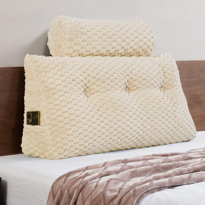 Fahymas Queen Size Wedge Headboard Pillow Set with 2 Roll Pillows, Velvet Back Support Reading Pillow with Removable Washable Cover