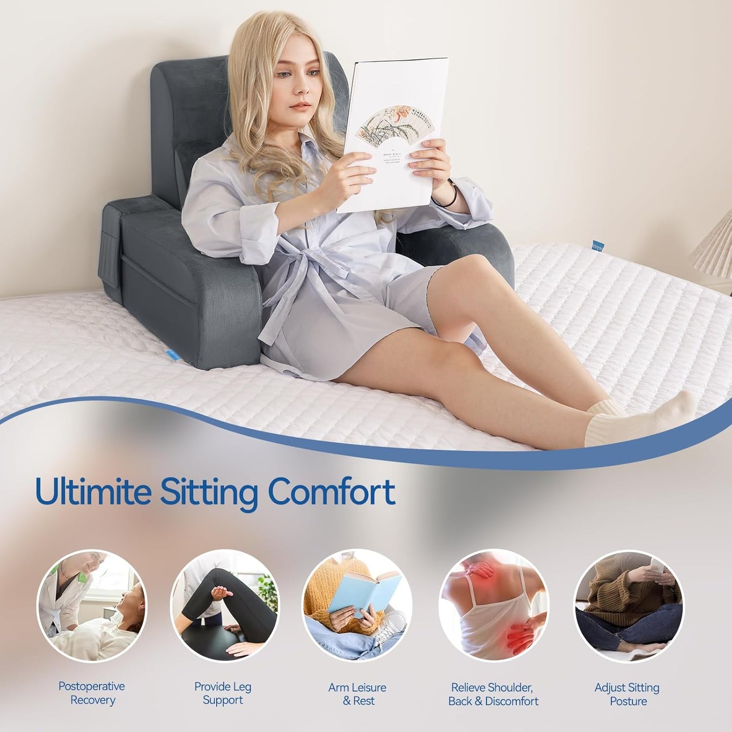 Fahymas Adjustable Reading Pillow with Convertible Backrest, Memory Foam Bed Rest Pillow with Removable Arms and Side Pockets