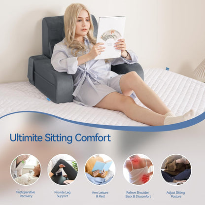 Fahymas Adjustable Reading Pillow with Convertible Backrest, Memory Foam Bed Rest Pillow with Removable Arms and Side Pockets