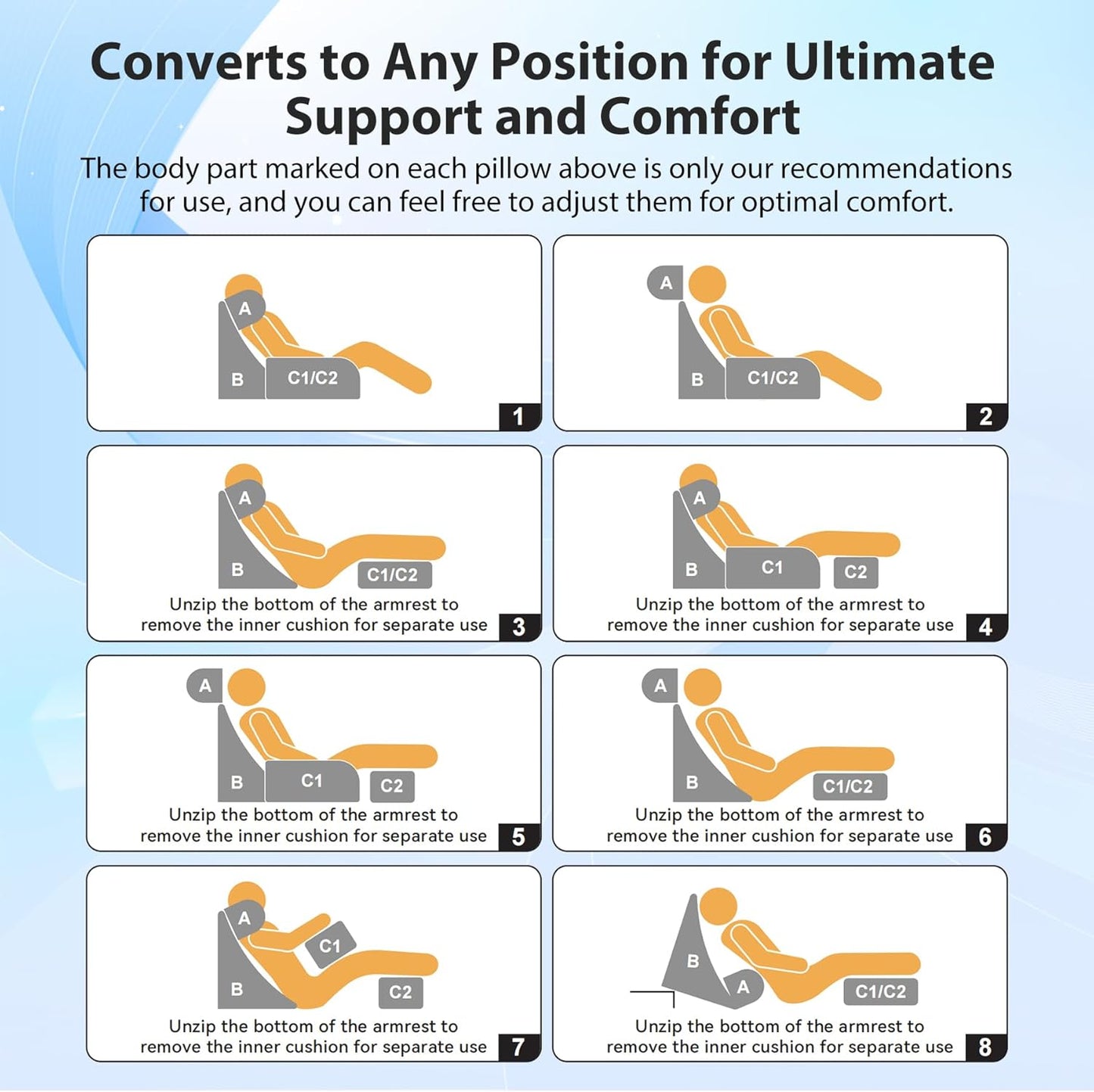 Fahymas Medium Foam Reading Pillow with Detachable Arms and Headrest, Bed Rest Back Support Pillow with Side Pockets