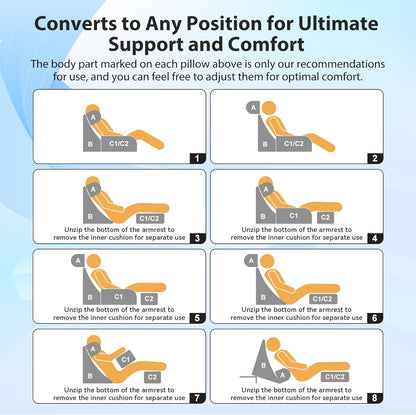 Fahymas Medium Foam Reading Pillow with Detachable Arms and Headrest, Bed Rest Back Support Pillow with Side Pockets