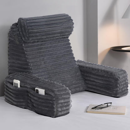Fahymas 60-Degree Wedge Reading Pillow with Faux Fur Cover, Side Pockets and Portable Handle, XL Bed Rest Back Support Pillow