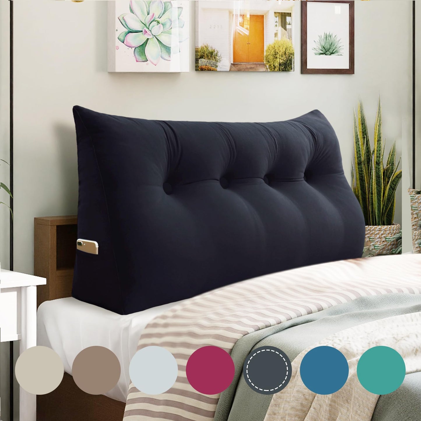 Fahymas Queen Size Wedge Headboard Pillow with Side Pockets, Velvet Back Support Reading Pillow with Removable Washable Cover
