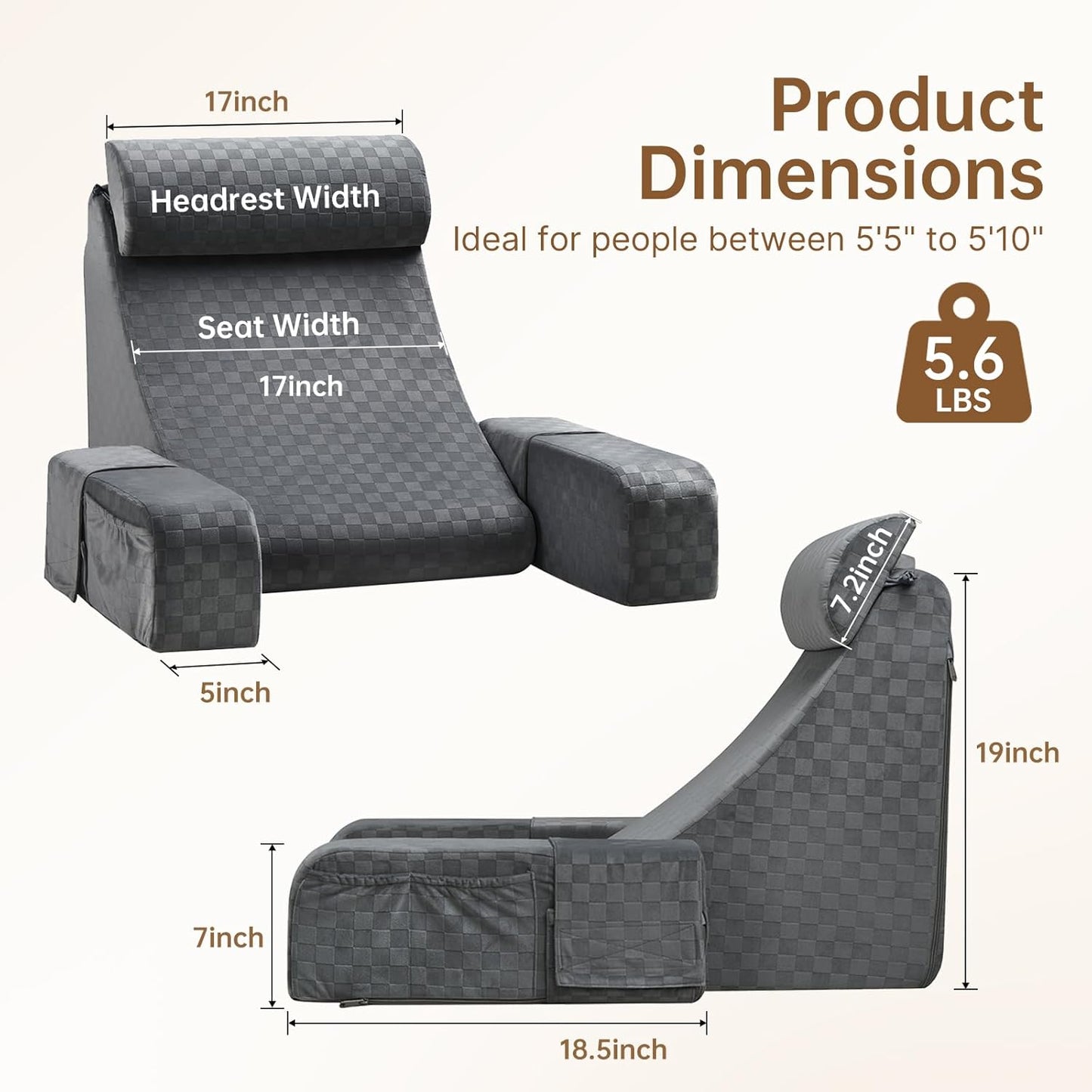 Fahymas 19-Inch Wedge Reading Pillow with Removable Arms, Bed Rest Back Support Pillow with Side Pockets