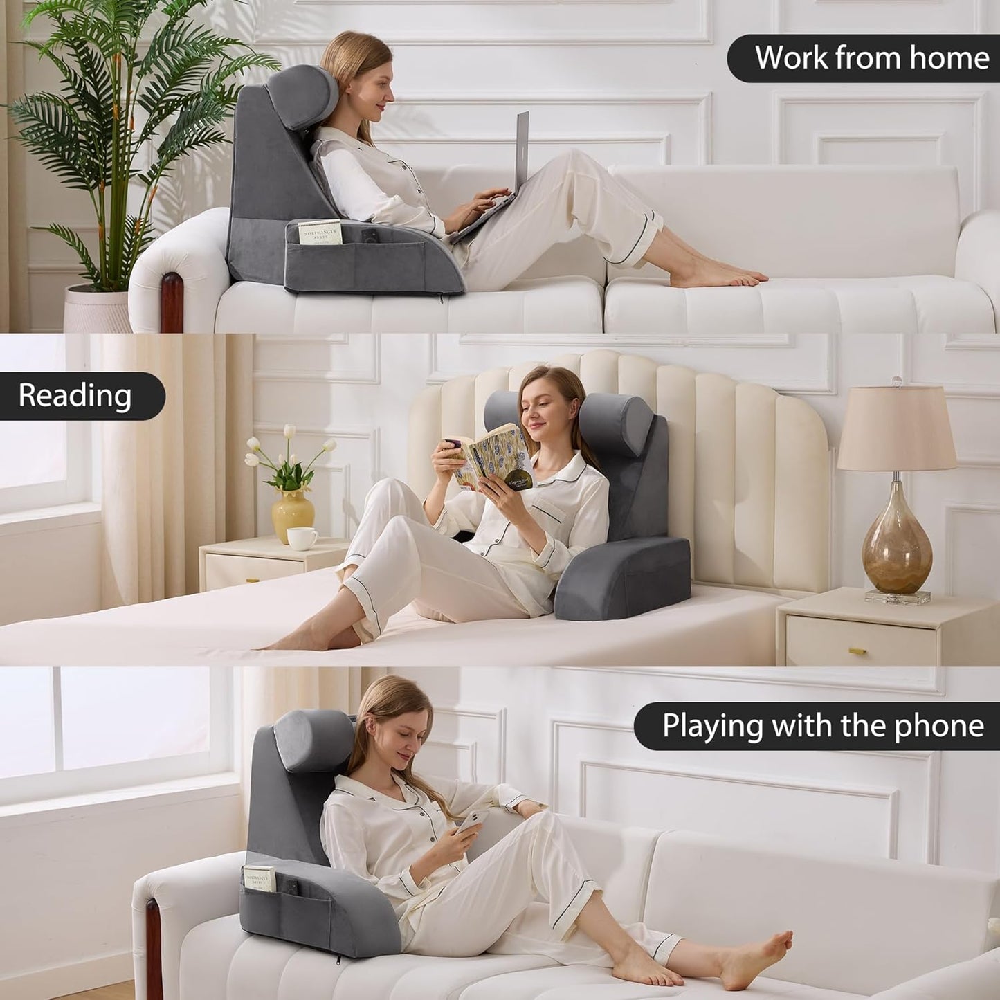 Fahymas Medium Foam Reading Pillow with Detachable Arms and Headrest, Bed Rest Back Support Pillow with Side Pockets