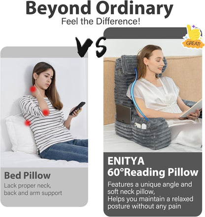 Fahymas 60-Degree Wedge Reading Pillow with Faux Fur Cover, Side Pockets and Portable Handle, XL Bed Rest Back Support Pillow