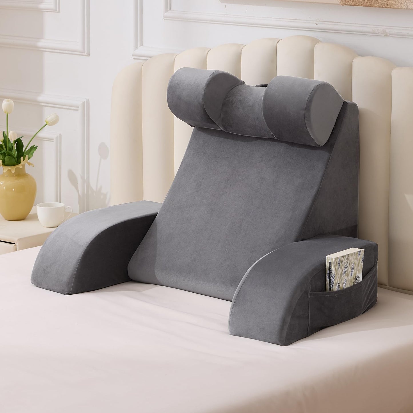 Fahymas Medium Foam Reading Pillow with Detachable Arms and Headrest, Bed Rest Back Support Pillow with Side Pockets