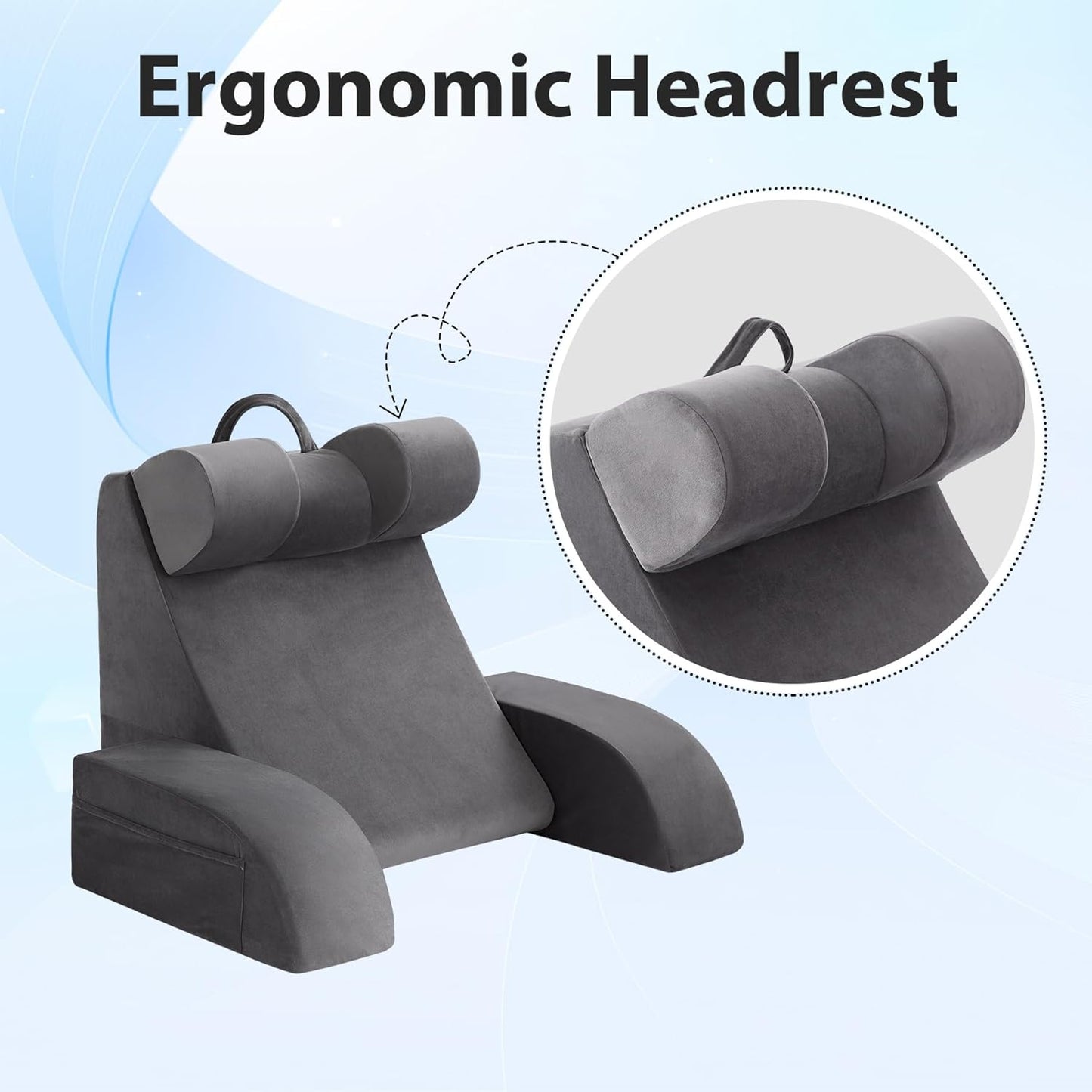 Fahymas Medium Foam Reading Pillow with Detachable Arms and Headrest, Bed Rest Back Support Pillow with Side Pockets