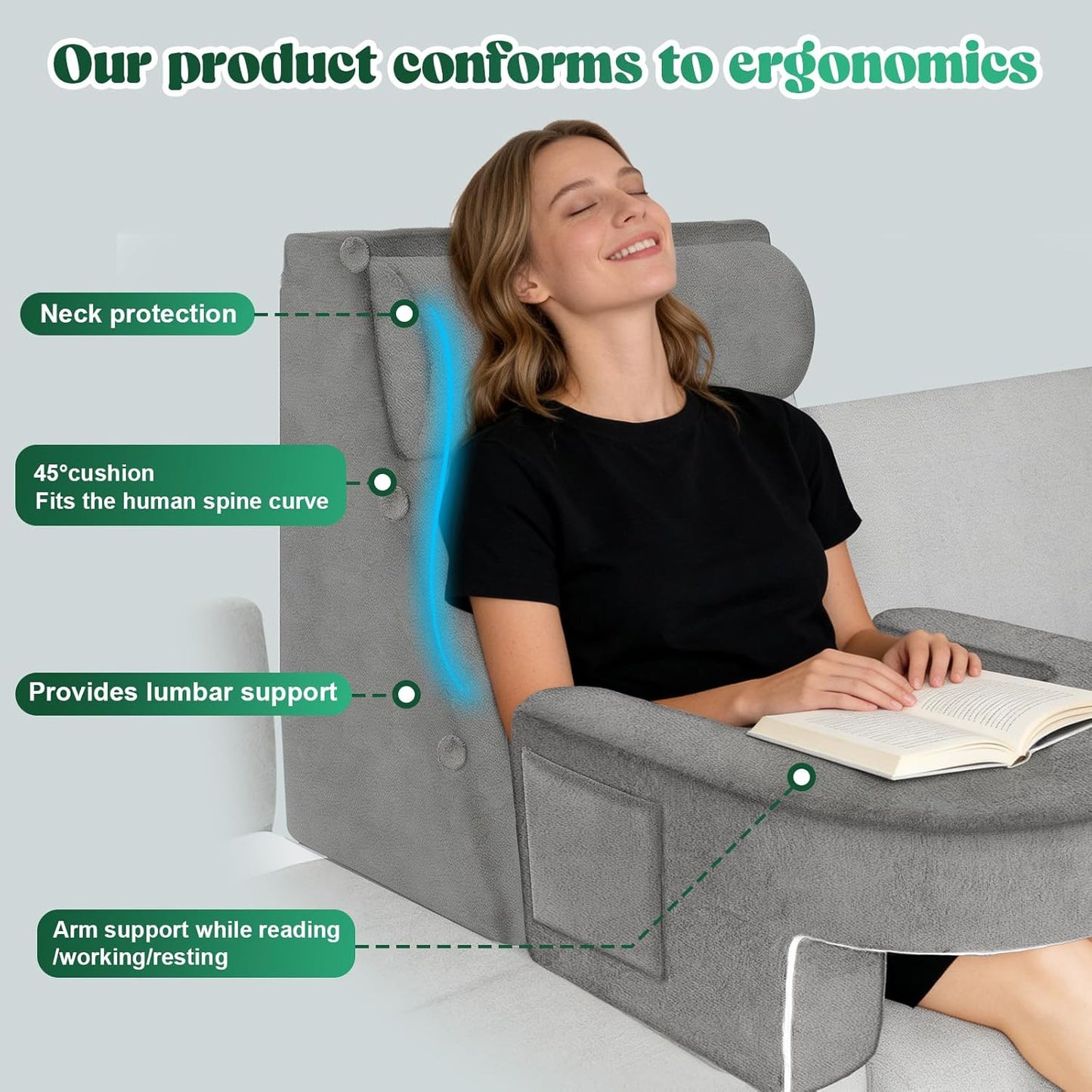Fahymas Adjustable 3-Piece Reading Wedge Pillow Set with Laptop Tray, Modular Bed Rest Support System with Side Pockets