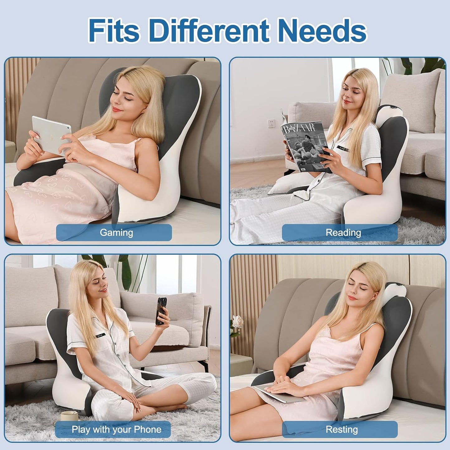 Fahymas Queen Size Memory Foam Reading Pillow with Detachable Neck Roll, Bed Rest Back Support Pillow with Arms, Grey & White