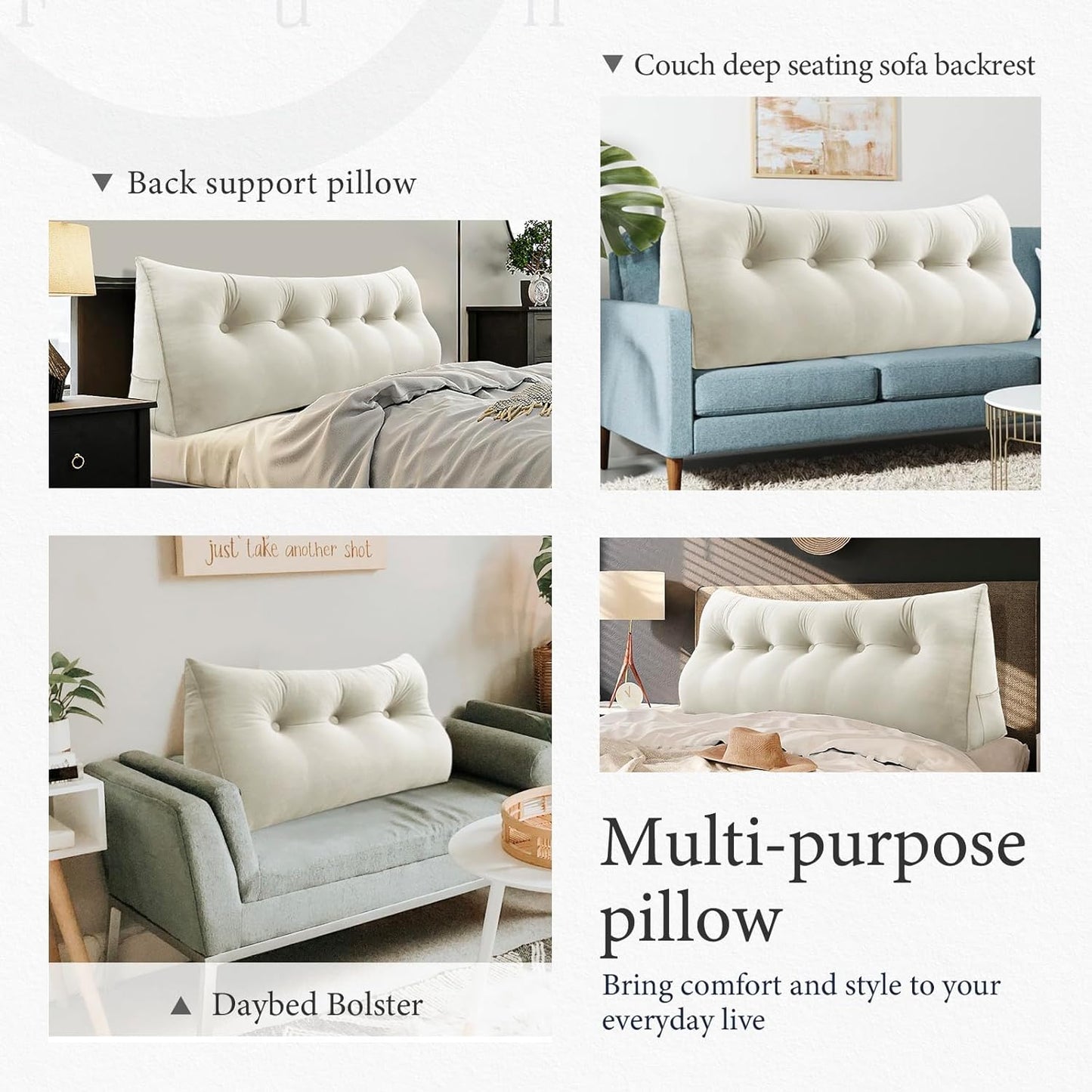 Fahymas Queen Size Wedge Headboard Pillow with Side Pockets, Velvet Back Support Reading Pillow with Removable Washable Cover