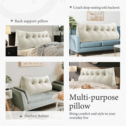 Fahymas Queen Size Wedge Headboard Pillow with Side Pockets, Velvet Back Support Reading Pillow with Removable Washable Cover