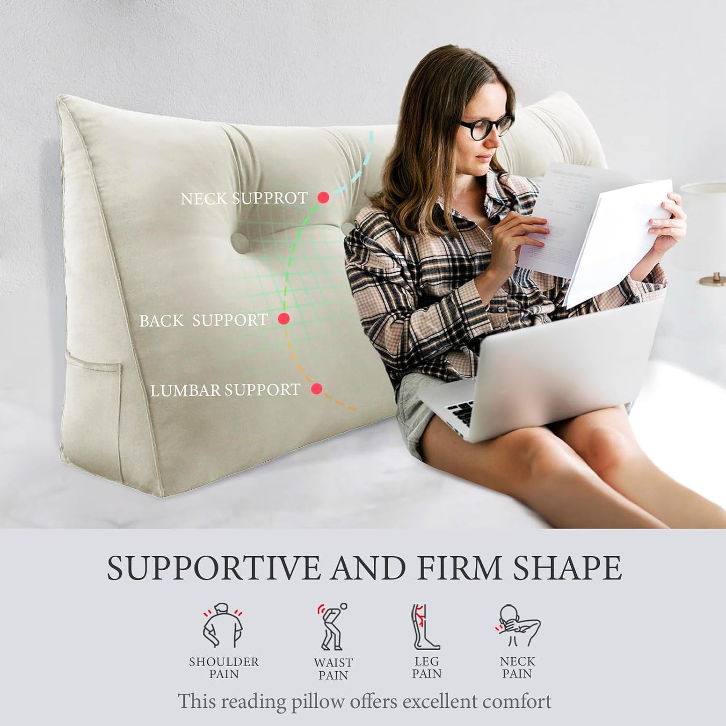 Fahymas Queen Size Wedge Headboard Pillow with Side Pockets, Velvet Back Support Reading Pillow with Removable Washable Cover