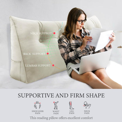Fahymas Queen Size Wedge Headboard Pillow with Side Pockets, Velvet Back Support Reading Pillow with Removable Washable Cover