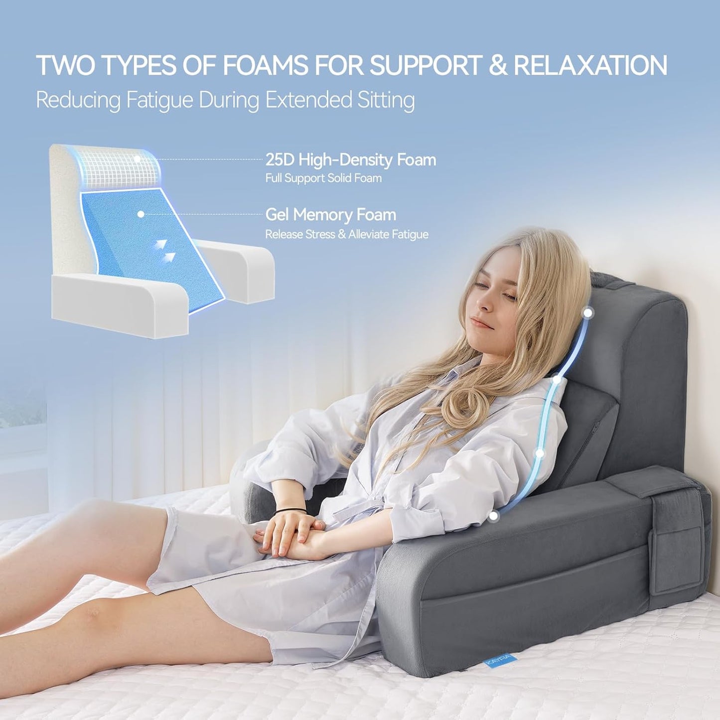 Fahymas Adjustable Reading Pillow with Convertible Backrest, Memory Foam Bed Rest Pillow with Removable Arms and Side Pockets