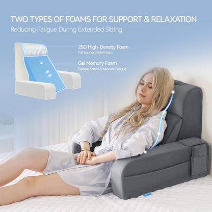 Fahymas Adjustable Reading Pillow with Convertible Backrest, Memory Foam Bed Rest Pillow with Removable Arms and Side Pockets