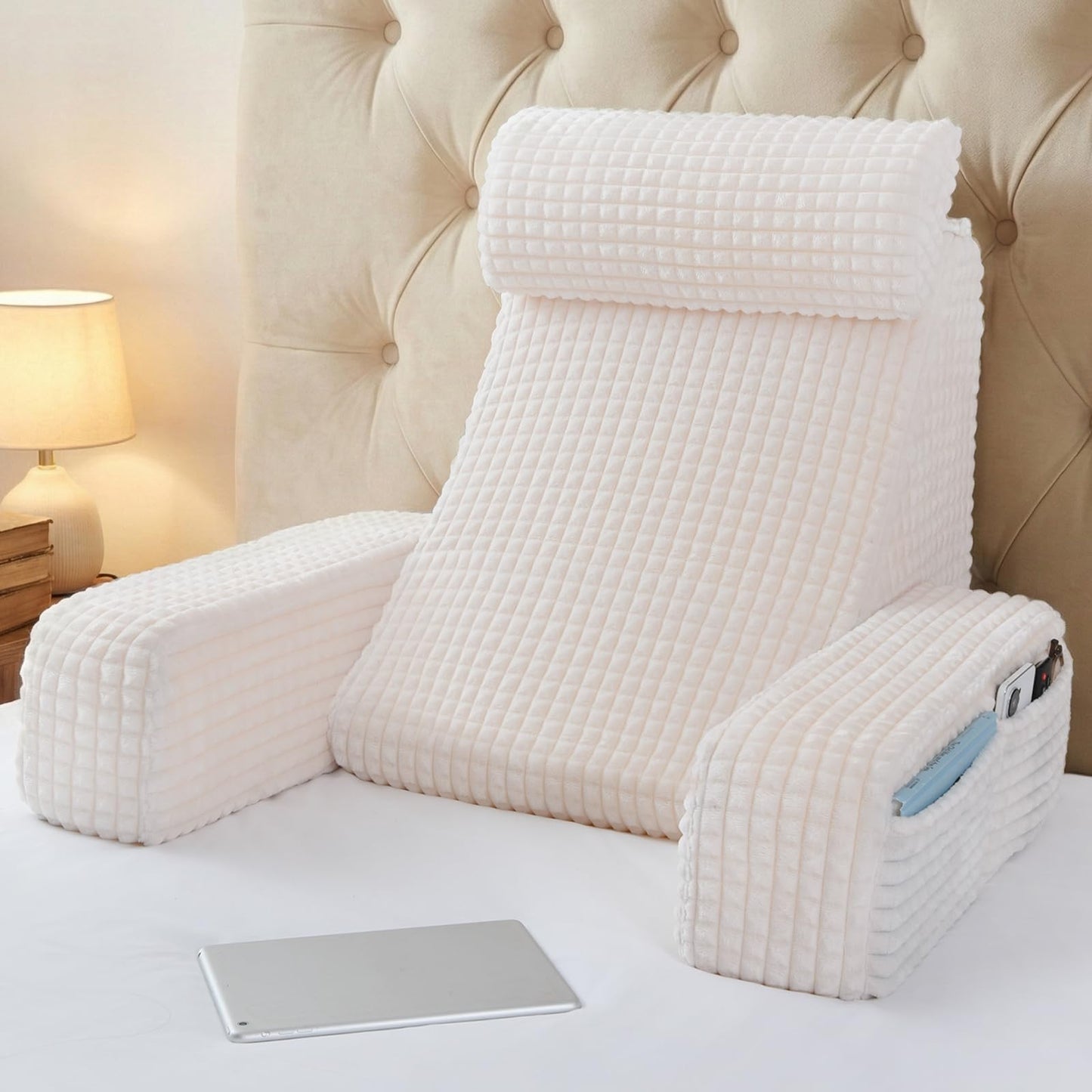 Fahymas 19-Inch Wedge Reading Pillow with Removable Arms, Bed Rest Back Support Pillow with Side Pockets