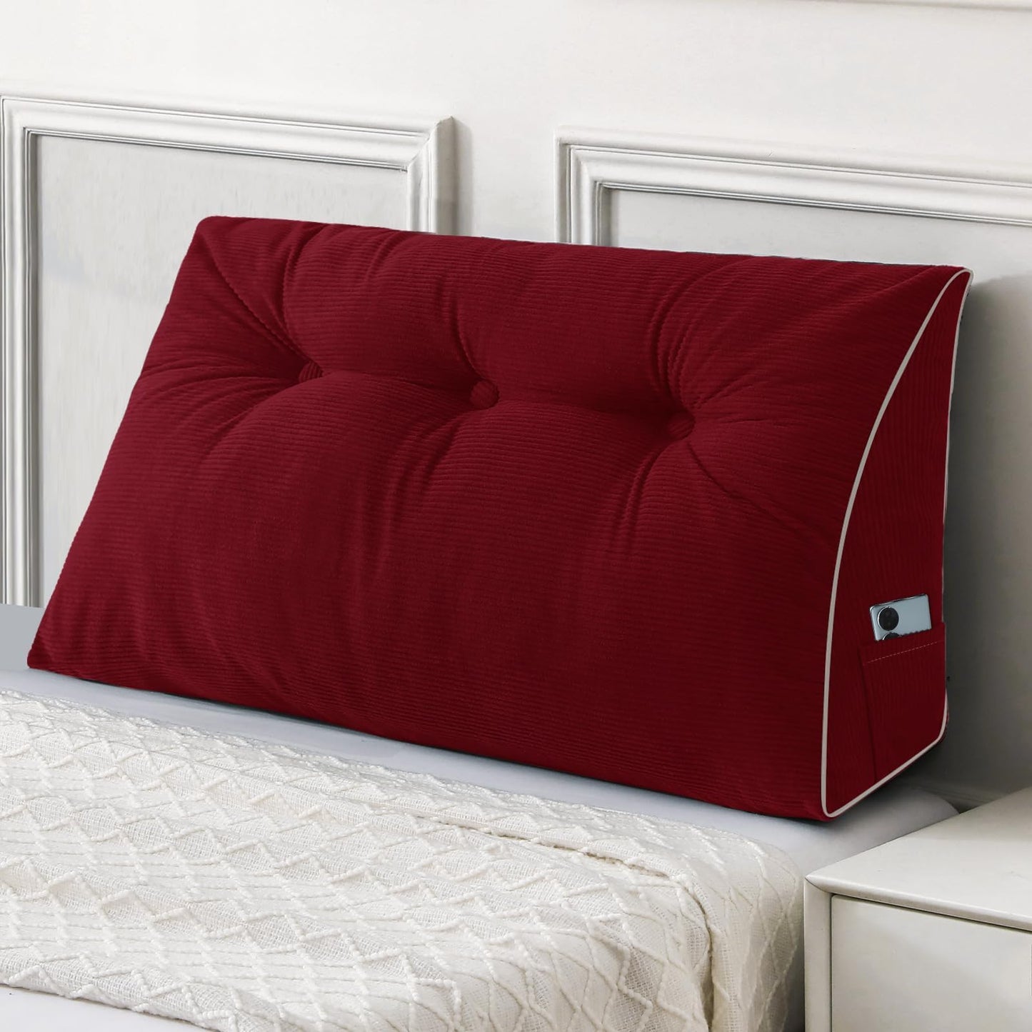 Fahymas Queen Size Wedge Headboard Pillow Set with 2 Bolster Pillows, Velvet Back Support Reading Pillow with Removable Washable Cover
