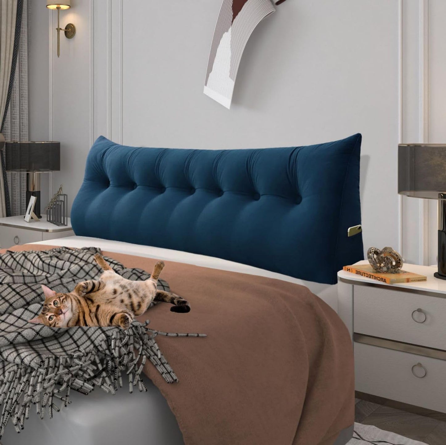 Fahymas Queen Size Wedge Headboard Pillow with Side Pockets, Velvet Back Support Reading Pillow with Removable Washable Cover